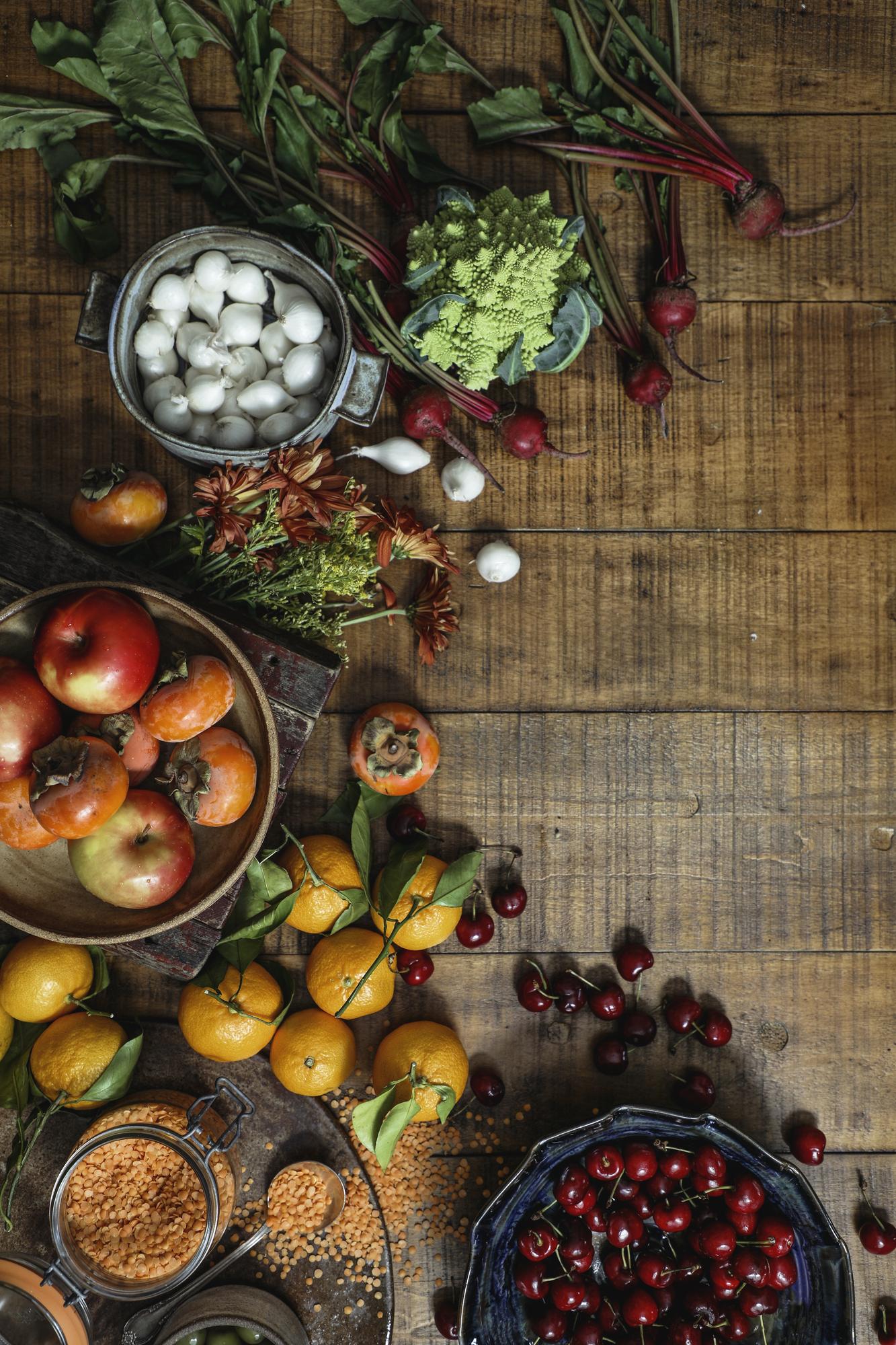 Assorted seasonal ingredients on tabletop